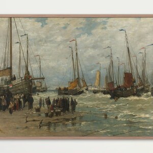Fishing Pinks in Breaking Waves, Hendrik Willem Mesdag, 1875 - 1885 | Printable Vintage Wall Art | Instant Download