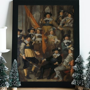 May include: A framed oil painting depicting a group of men in 17th-century clothing. The men are standing in a room with a large window and a balcony. The painting is set against a dark background.