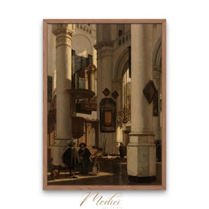 May include: A painting depicting the interior of a church with tall white columns, a wooden pulpit, and figures in the foreground. The painting is framed in a brown wooden frame.