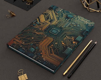 PCB-design Journal | Green Circuit Board with Gold Contacts | Hardcover Lined Notebook | PC Computer Art | Gift for Tech Lover | Matte Cover