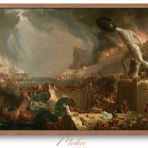 Op de afbeelding: Een dramatisch schilderij dat een scène van chaos en vernietiging afbeeldt. Een groot, wit standbeeld van een man met een schild staat op een voetstuk en kijkt uit over een stad in brand. Mensen vluchten uit de stad, sommigen met boten, anderen te voet. De lucht is gevuld met donkere wolken en bliksem.