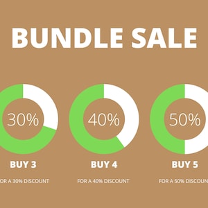 May include: A graphic showing a bundle sale with three pie charts. The first pie chart is 30% green and 70% white and says "BUY 3 FOR A 30% DISCOUNT". The second pie chart is 40% green and 60% white and says "BUY 4 FOR A 40% DISCOUNT". The third pie chart is 50% green and 50% white and says "BUY 5 FOR A 50% DISCOUNT".