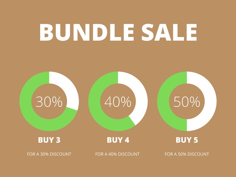 May include: A graphic showing a bundle sale with three pie charts. The first pie chart is 30% green and 70% white and says "BUY 3 FOR A 30% DISCOUNT". The second pie chart is 40% green and 60% white and says "BUY 4 FOR A 40% DISCOUNT". The third pie chart is 50% green and 50% white and says "BUY 5 FOR A 50% DISCOUNT".