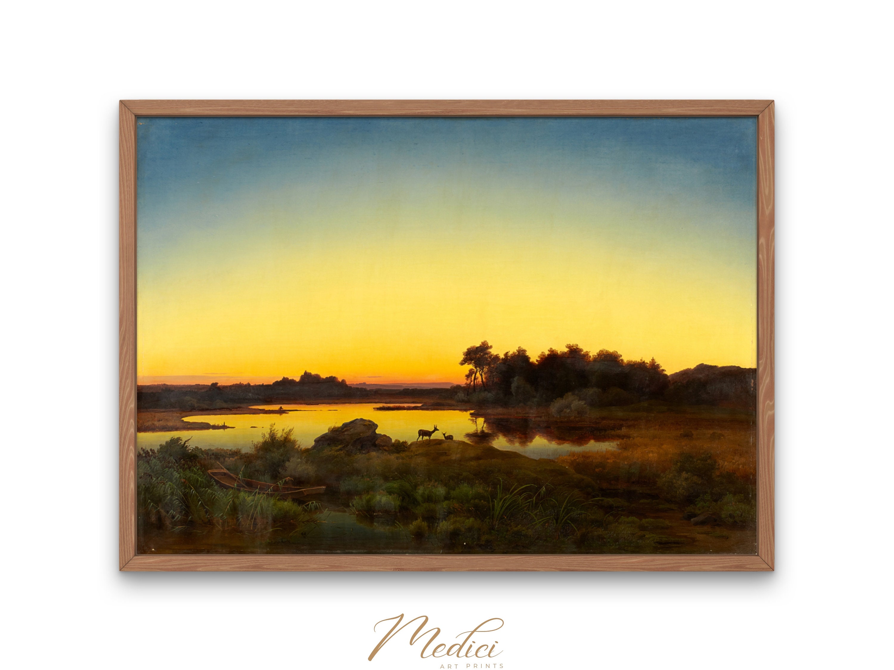 Vintage Deer Sunset Landscape Painting by Anton Zwengauer (digital