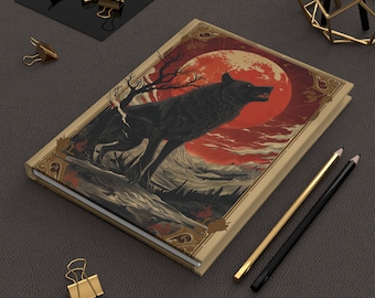 Howling Wolf Journal | Vintage Norse Art Notebook | Hardcover Lined Pagan Notebook | Mythical Full Moon Journal | Viking Gift