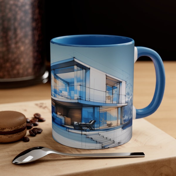 Taza de café de arquitecto / Diseño de arquitectura Taza de cerámica de 11 oz / Taza de hogar moderno / Regalo para arquitecto / Taza azul de dos tonos / Taza de bienes raíces