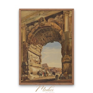 May include: A watercolor painting of the Arch of Constantine in Rome, Italy. The arch is made of stone and has a large opening in the center. The painting is framed in a wooden frame.