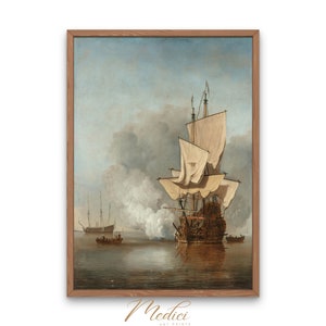 Op de afbeelding: Een schilderij van een groot zeilschip met witte zeilen op een kalme zee. Het schip vuurt een kanon af, en er is een kleiner schip op de achtergrond te zien. De lucht is lichtblauw met witte wolken.