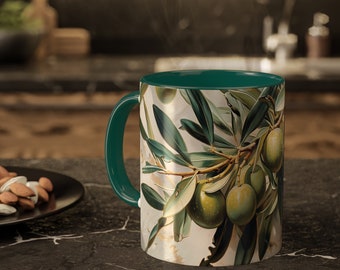 Olijftak 11oz keramische koffiemok | Mediterrane groen kunst mok | Uniek cadeau voor koffie- en kunstliefhebbers | Groene beker