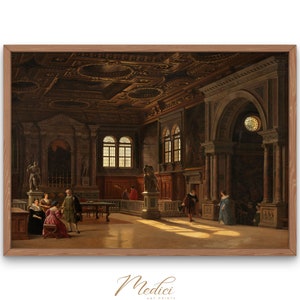 Puede incluir: Una pintura que representa un interior grandioso y ornamentado con un techo alto y detalles intrincados. La habitación está llena de luz natural que entra por grandes ventanas, iluminando a un grupo de personas reunidas alrededor de una mesa. La escena recuerda una reunión histórica o un evento formal.