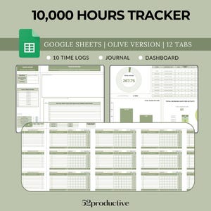 May include: A Google Sheets template for tracking 10,000 hours of work. The template has 12 tabs, including 10 time logs, a journal, and a dashboard. The dashboard shows a total hours counter, a total hours per week chart, and a total hours per activity chart.