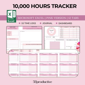 Op de afbeelding: Een roze Microsoft Excel-spreadsheet sjabloon voor het bijhouden van 10.000 uur. De sjabloon bevat 10 tijdlogboeken, een dagboek en een dashboard. Het dashboard bevat een cirkeldiagram en een staafdiagram.