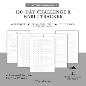 May include: A 120-day challenge and habit tracker digital download featuring four versions, including goal and challenge planning cards and notes pages. The white pages display numbered boxes for daily tracking, with clear black text and lines.