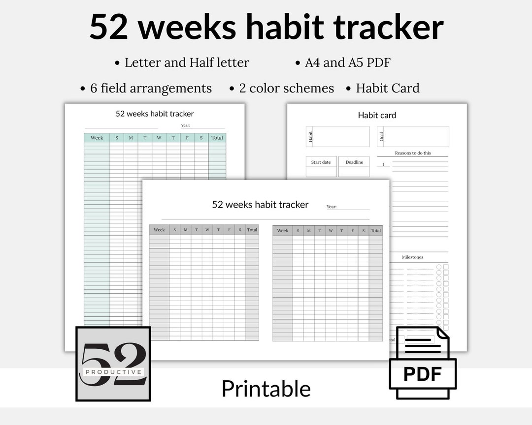 52 Week Habit Tracker Printable, Goal Planner (PDF) - Etsy