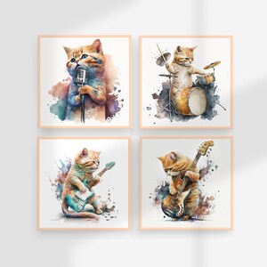 Cat Band Printable Wall Art, Cat Wall Decor, Watercolor,Cat Animal Print, Cat Singing, Playing Drums, Electric Guitar & Bass Guitar
