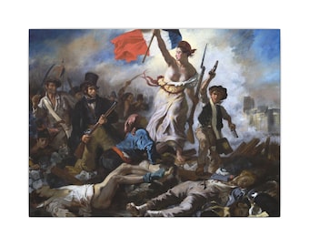 May include: An oil painting depicting a group of people in a chaotic scene. A central figure holds a large French flag aloft. Men and a youth carry rifles and pistols amidst smoke and debris, while figures lie on the ground in the foreground.