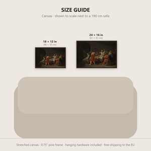 Puede incluir: Una gu&iacute;a de tama&ntilde;os para un lienzo impreso con dos cuadros enmarcados de una escena hist&oacute;rica. La gu&iacute;a muestra un lienzo de 46 por 30 cm y otro de 61 por 41 cm sobre una ilustraci&oacute;n de un sof&aacute; de 190 cm como referencia de escala.