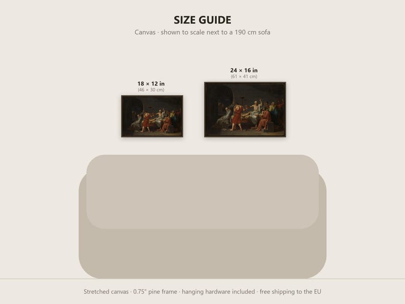 Puede incluir: Una gu&iacute;a de tama&ntilde;os para un lienzo impreso con dos cuadros enmarcados de una escena hist&oacute;rica. La gu&iacute;a muestra un lienzo de 46 por 30 cm y otro de 61 por 41 cm sobre una ilustraci&oacute;n de un sof&aacute; de 190 cm como referencia de escala.