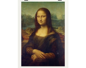 Puede incluir: Una impresión de arte mural vertical que presenta el cuadro de la Mona Lisa. El retrato muestra a una persona con cabello largo y oscuro, vistiendo un vestido oscuro, frente a un paisaje con caminos sinuosos, montañas y un cielo azul.