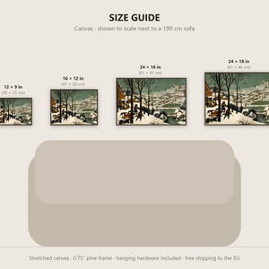 May include: A size guide for a canvas print featuring a winter landscape painting. Four sizes are displayed: 12 x 9 in, 16 x 12 in, 24 x 16 in, and 24 x 18 in, shown relative to a 190 cm sofa. The canvas has a 0.75 inch pine frame.