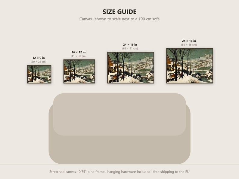May include: A size guide for a canvas print featuring a winter landscape painting. Four sizes are displayed: 12 x 9 in, 16 x 12 in, 24 x 16 in, and 24 x 18 in, shown relative to a 190 cm sofa. The canvas has a 0.75 inch pine frame.