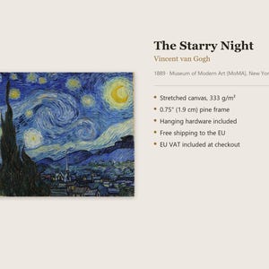 May include: A reproduction of The Starry Night by Vincent van Gogh on stretched canvas with a 0.75 inch pine frame. The artwork features a dark blue swirling night sky, a large yellow crescent moon, and a tall dark cypress tree.