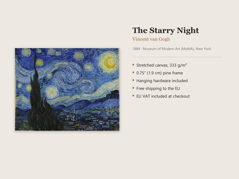 May include: A reproduction of The Starry Night by Vincent van Gogh on stretched canvas with a 0.75 inch pine frame. The artwork features a dark blue swirling night sky, a large yellow crescent moon, and a tall dark cypress tree.