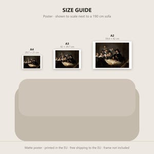 May include: A size guide for a poster featuring Rembrandt's The Anatomy Lesson of Dr. Nicolaes Tulp. The graphic displays A4, A3, and A2 sizes with dimensions in cm, shown relative to a 190 cm sofa. Text includes SIZE GUIDE and Poster - shown to scale next to a 190 cm sofa.