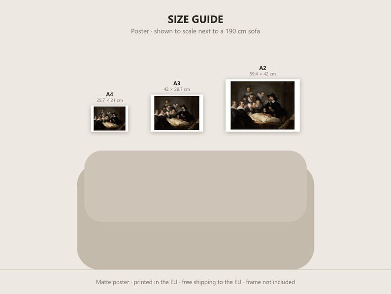 May include: A size guide for a poster featuring Rembrandt's The Anatomy Lesson of Dr. Nicolaes Tulp. The graphic displays A4, A3, and A2 sizes with dimensions in cm, shown relative to a 190 cm sofa. Text includes SIZE GUIDE and Poster - shown to scale next to a 190 cm sofa.