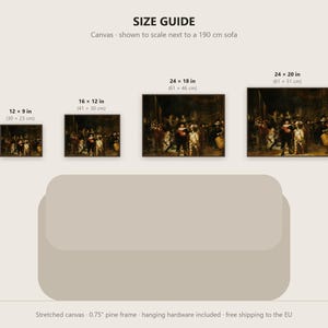 May include: A size guide for canvas prints featuring four rectangular artworks of varying dimensions: 12x9 inches, 16x12 inches, 24x18 inches, and 24x20 inches. The prints are displayed above a graphic representation of a 190 cm sofa.