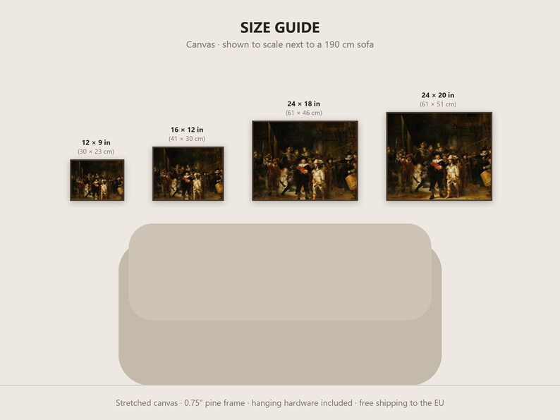 May include: A size guide for canvas prints featuring four rectangular artworks of varying dimensions: 12x9 inches, 16x12 inches, 24x18 inches, and 24x20 inches. The prints are displayed above a graphic representation of a 190 cm sofa.