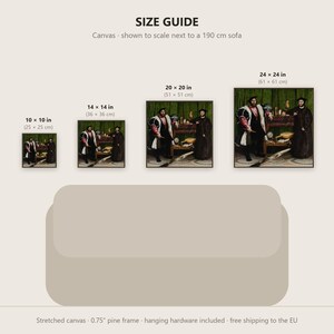 May include: A size guide for canvas prints featuring four square reproductions of The Ambassadors painting. Sizes include 10x10 inches, 14x14 inches, 20x20 inches, and 24x24 inches, displayed above a 190 cm sofa illustration with a 0.75 inch pine frame.