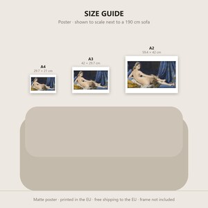 May include: A size guide for posters featuring three prints in A4, A3, and A2 sizes, displayed above a 190 cm sofa. The prints show a reclining figure in a blue and gold setting. Text includes SIZE GUIDE, Poster - shown to scale next to a 190 cm sofa, and dimensions for each size.