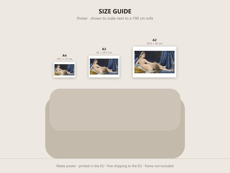 May include: A size guide for posters featuring three prints in A4, A3, and A2 sizes, displayed above a 190 cm sofa. The prints show a reclining figure in a blue and gold setting. Text includes SIZE GUIDE, Poster - shown to scale next to a 190 cm sofa, and dimensions for each size.