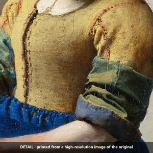 May include: A painting detail showing a bodice in muted yellow with visible craquelure, featuring dark green sleeves and a bright blue fabric element at the waist. The garment has red stitched seams and a white neckline trim.