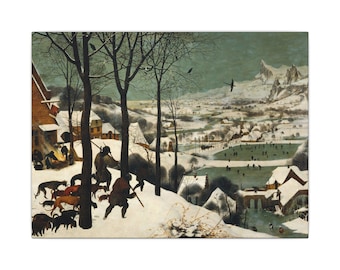 May include: A painting depicting a snowy winter landscape with hunters and dogs in the foreground. Bare trees stand near a house with a fire, while figures skate on a frozen pond in the distance. Jagged mountains rise in the background.