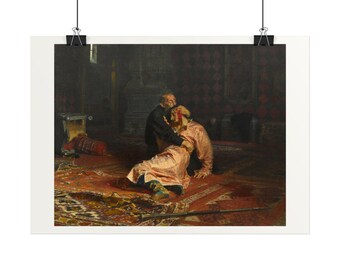Puede incluir: Una impresión artística enmarcada que representa una pintura al óleo histórica de un hombre mayor con abrigo oscuro abrazando a una persona joven con túnica rosa pálido sobre una alfombra roja estampada en una habitación oscura.