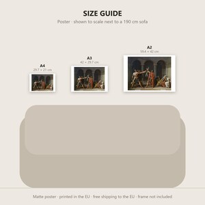 May include: A size guide for art prints featuring three posters labeled A4, A3, and A2 with dimensions 29.7 x 21 cm, 42 x 29.7 cm, and 59.4 x 42 cm. The posters display a classical painting of figures in a stone archway above a 190 cm sofa.
