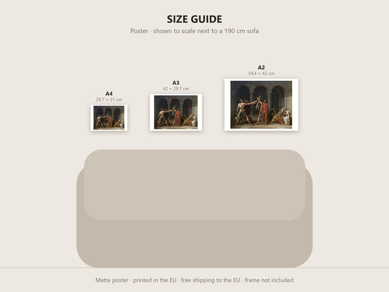 May include: A size guide for art prints featuring three posters labeled A4, A3, and A2 with dimensions 29.7 x 21 cm, 42 x 29.7 cm, and 59.4 x 42 cm. The posters display a classical painting of figures in a stone archway above a 190 cm sofa.