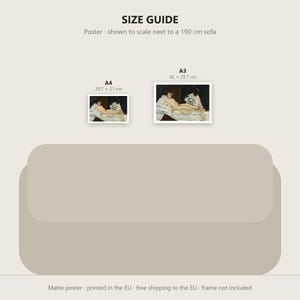May include: A size guide graphic featuring two rectangular posters labeled A4 at 29.7 x 21 cm and A3 at 42 x 29.7 cm, displayed above a beige sofa silhouette. The text reads SIZE GUIDE, Poster - shown to scale next to a 190 cm sofa.