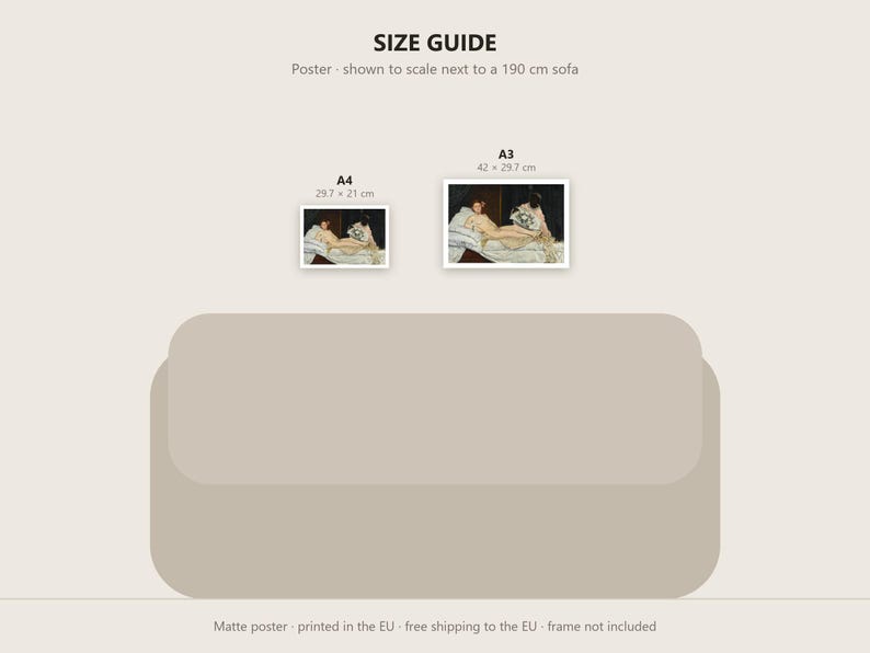 May include: A size guide graphic featuring two rectangular posters labeled A4 at 29.7 x 21 cm and A3 at 42 x 29.7 cm, displayed above a beige sofa silhouette. The text reads SIZE GUIDE, Poster - shown to scale next to a 190 cm sofa.