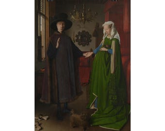 May include: A reproduction of the Arnolfini Portrait featuring a person in a dark fur-trimmed cloak and wide-brimmed hat standing beside a person in a long green gown and white head covering, with a small brown dog standing between them.