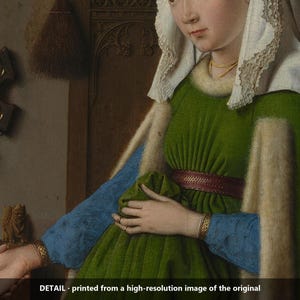 May include: A painting detail showing a figure in a green dress with blue sleeves, a white head covering, and a red belt. The figure wears gold bracelets and a necklace. Text at the bottom reads: DETAIL - printed from a high-resolution image of the original.