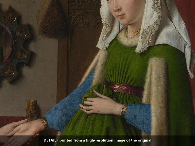 May include: A painting detail showing a figure in a green dress with blue sleeves, a white head covering, and a red belt. The figure wears gold bracelets and a necklace. Text at the bottom reads: DETAIL - printed from a high-resolution image of the original.