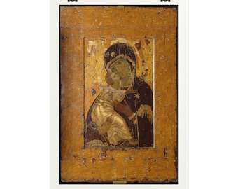 May include: A rectangular wall art print featuring a weathered, golden-toned religious icon of a figure holding a child. The artwork displays a distressed, textured surface with visible paint loss and aged details, framed by a white border.