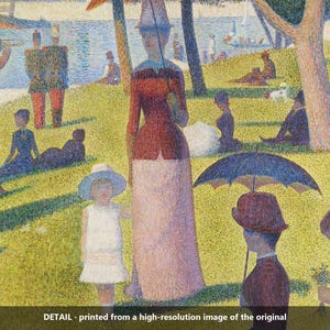 May include: A pointillist painting depicting a park scene with figures in period clothing, including a person holding a parasol, a child in a white dress, and others relaxing on a grassy lawn near a river with boats in the background.