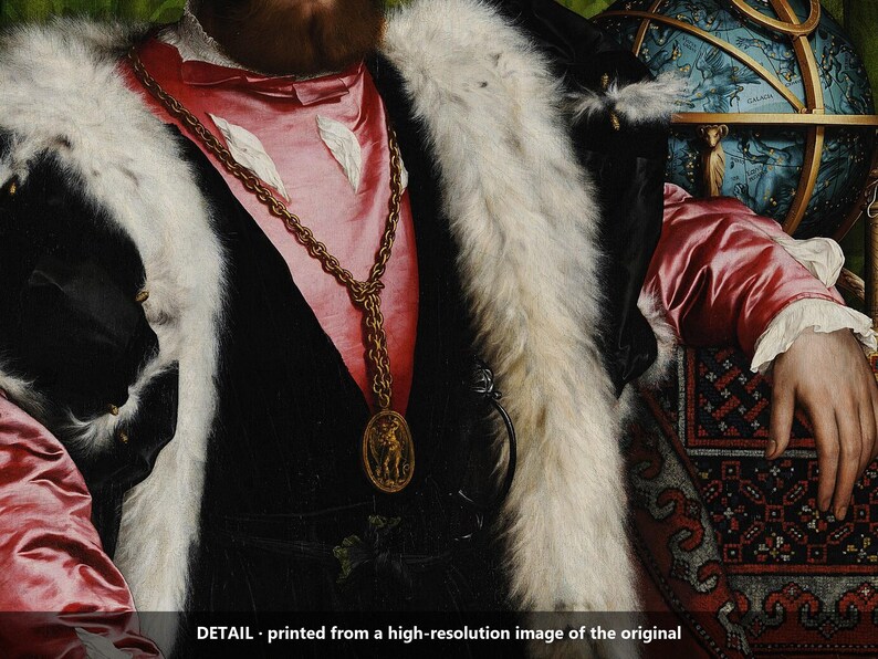 May include: A painting detail featuring a pink satin doublet with white ruffled cuffs, a black velvet overcoat trimmed with white fur, and a gold chain necklace with an oval pendant. The text reads: DETAIL - printed from a high-resolution image of the original.