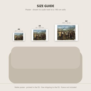 Peut inclure: Un guide des tailles pour une affiche mate pr&eacute;sentant trois impressions rectangulaires &eacute;tiquet&eacute;es A4, A3 et A2 avec des dimensions de 29,7 x 21 cm, 42 x 29,7 cm et 59,4 x 42 cm, illustr&eacute;es &agrave; l'&eacute;chelle &agrave; c&ocirc;t&eacute; d'un canap&eacute; de 190 cm.
