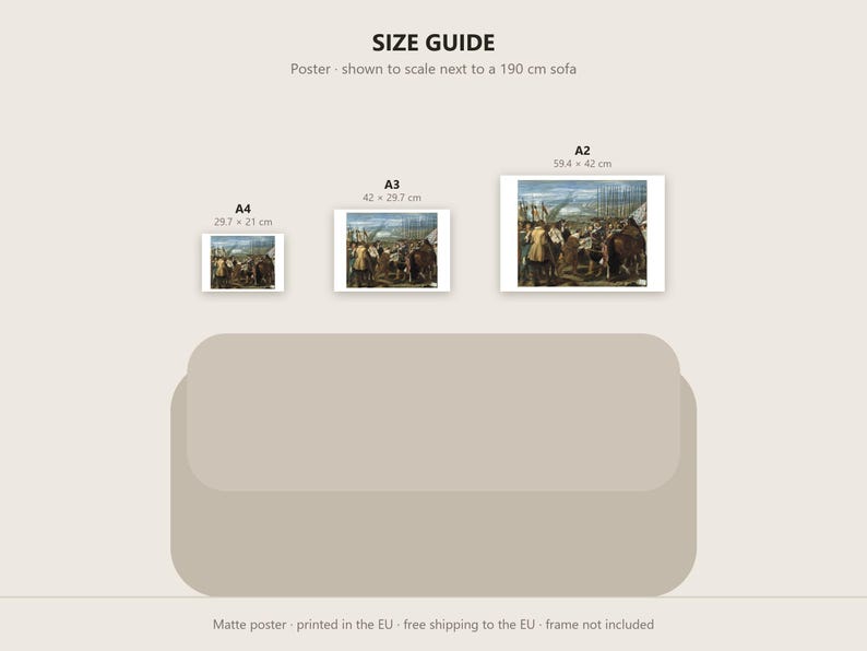 Peut inclure: Un guide des tailles pour une affiche mate pr&eacute;sentant trois impressions rectangulaires &eacute;tiquet&eacute;es A4, A3 et A2 avec des dimensions de 29,7 x 21 cm, 42 x 29,7 cm et 59,4 x 42 cm, illustr&eacute;es &agrave; l'&eacute;chelle &agrave; c&ocirc;t&eacute; d'un canap&eacute; de 190 cm.
