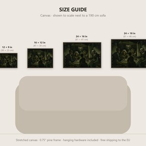 May include: A size guide graphic featuring four rectangular canvas prints of a dark interior scene with people around a table. Sizes include 30x23 cm, 41x30 cm, 61x41 cm, and 61x46 cm, displayed above an illustration of a 190 cm sofa.